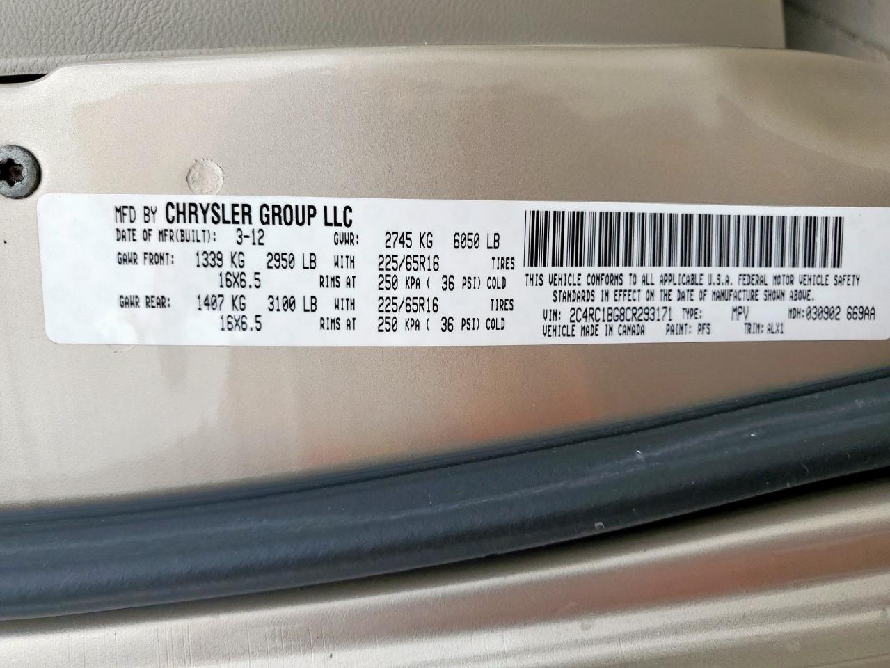 2012 Chrysler Town & Country Touring VIN: 2C4RC1BG8CR293171 Lot: 71124755