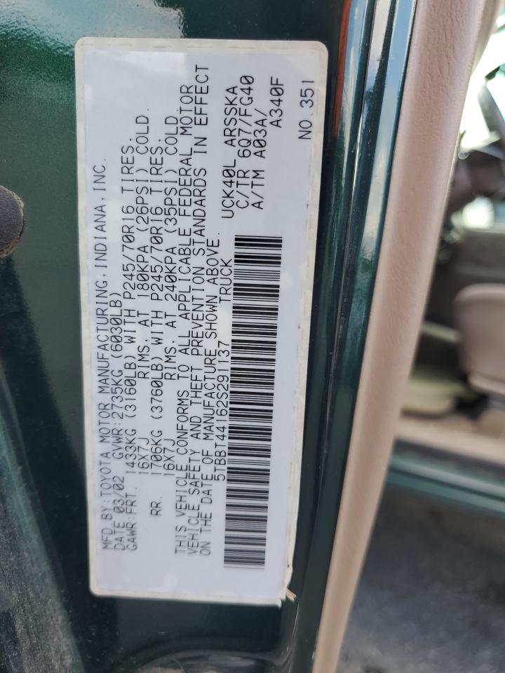 2002 Toyota Tundra Access Cab VIN: 5TBBT44162S291137 Lot: 70383905