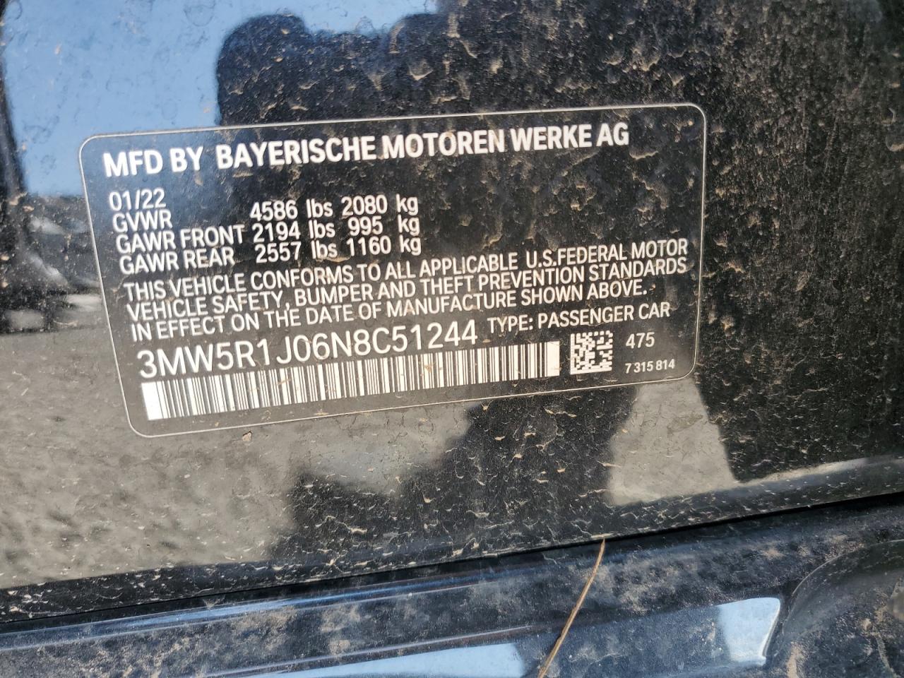 2022 BMW 330I VIN: 3MW5R1J06N8C51244 Lot: 69416985