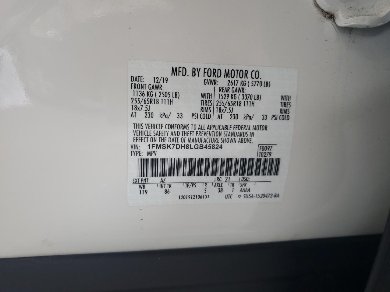 2020 Ford Explorer Xlt VIN: 1FMSK7DH8LGB45824 Lot: 70210835