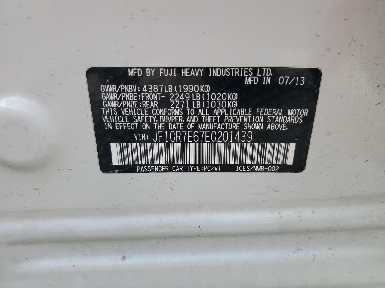 2014 Subaru Impreza Wrx VIN: JF1GR7E67EG201439 Lot: 70050425