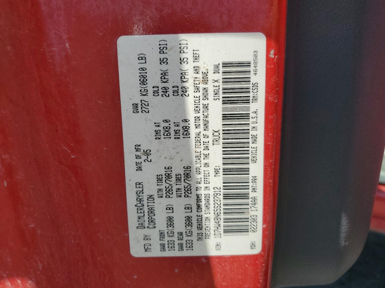 2005 Dodge Dakota Quad Slt VIN: 1D7HW48N65S237912 Lot: 66043685