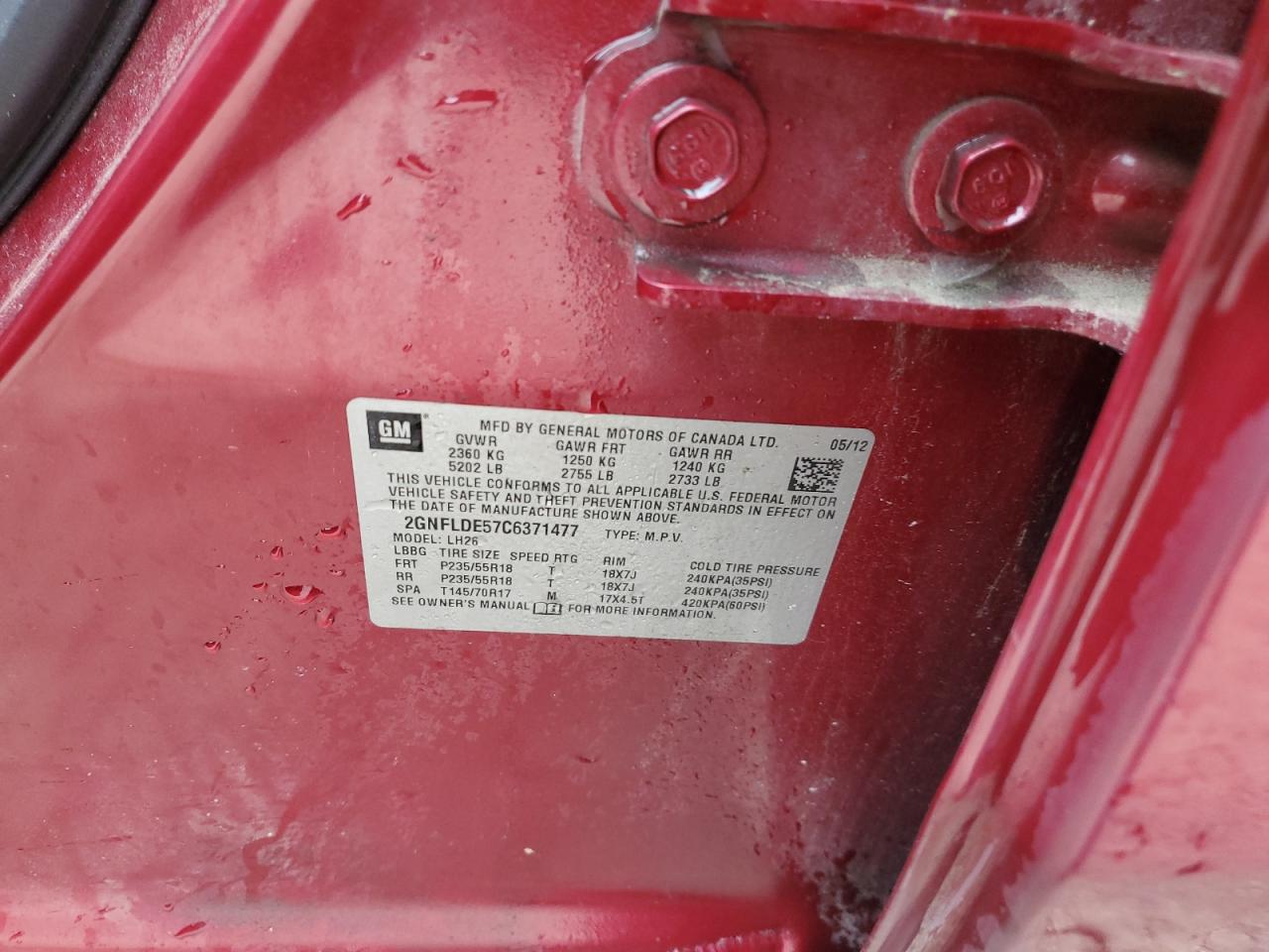 2012 Chevrolet Equinox Lt VIN: 2GNFLDE57C6371477 Lot: 70118665