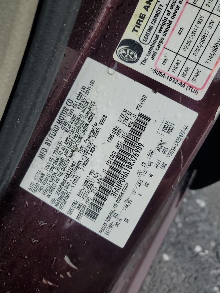 2011 Ford Fusion Se VIN: 3FAHP0HA1BR326989 Lot: 69964715