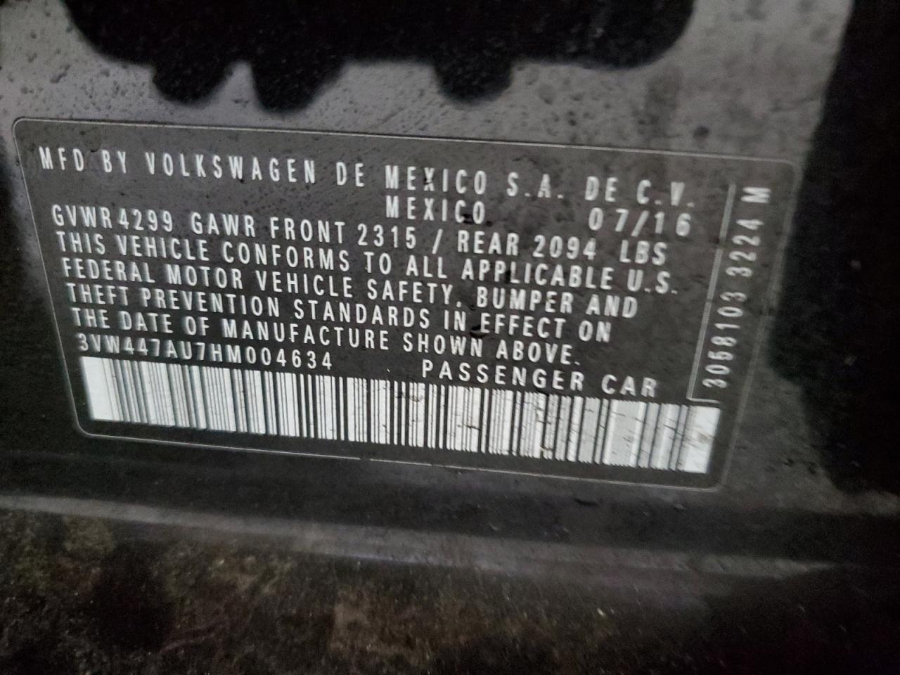 2017 Volkswagen Gti S/Se VIN: 3VW447AU7HM004634 Lot: 69513415