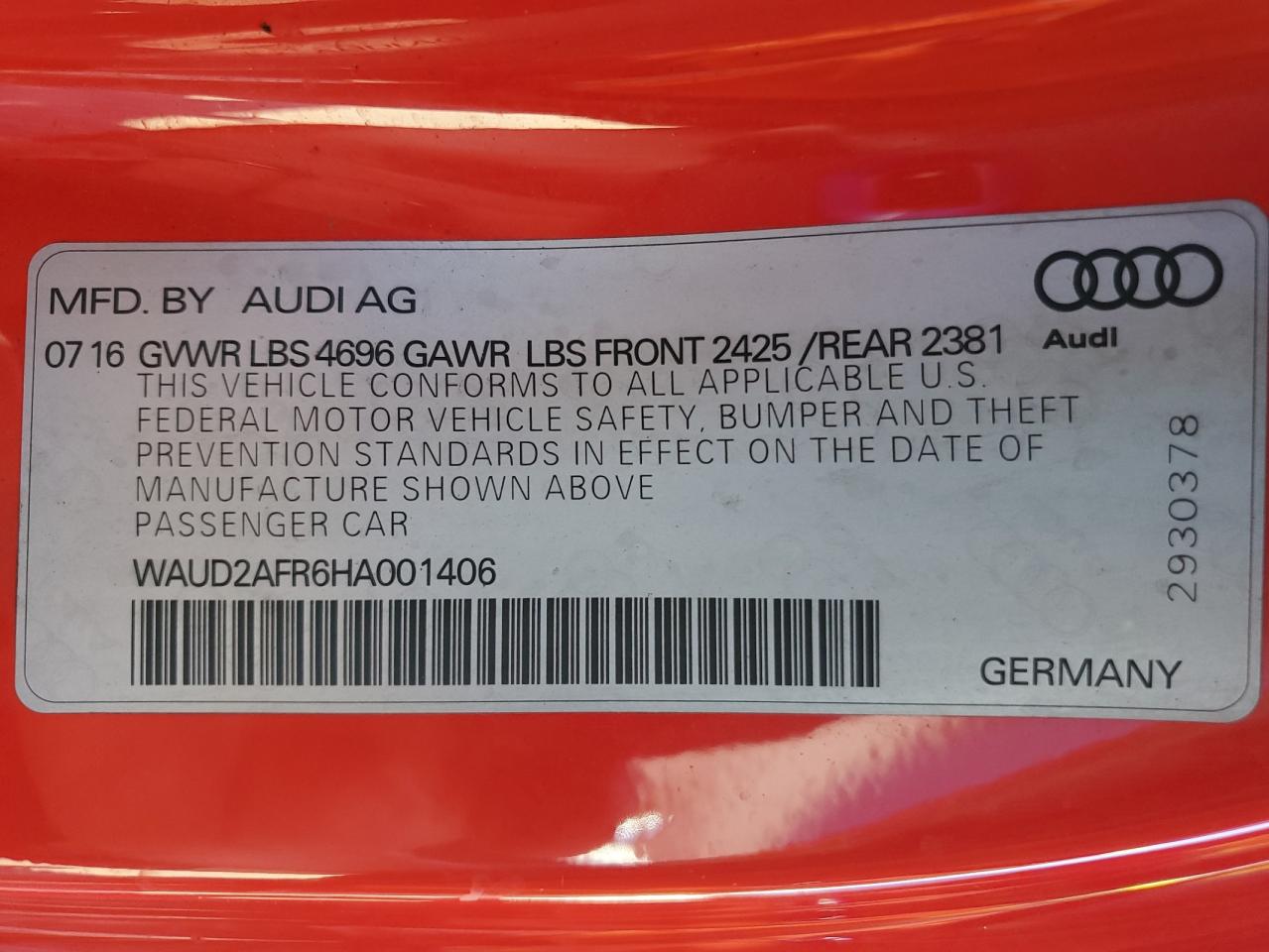 2017 Audi A5 Sport VIN: WAUD2AFR6HA001406 Lot: 69986275
