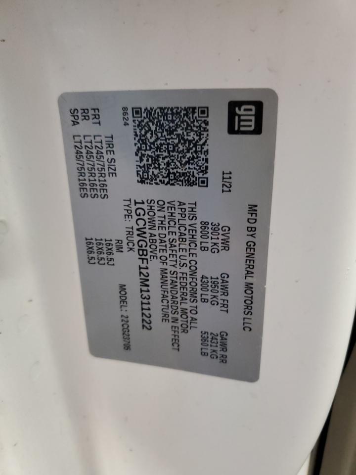 2021 Chevrolet Express G2500 VIN: 1GCWGBF12M1311222 Lot: 68180115