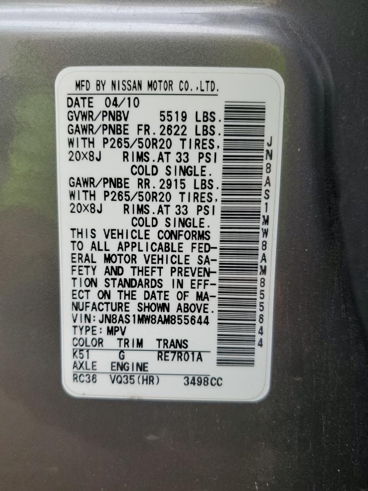 2010 Infiniti Fx35 VIN: JN8AS1MW8AM855644 Lot: 70316925