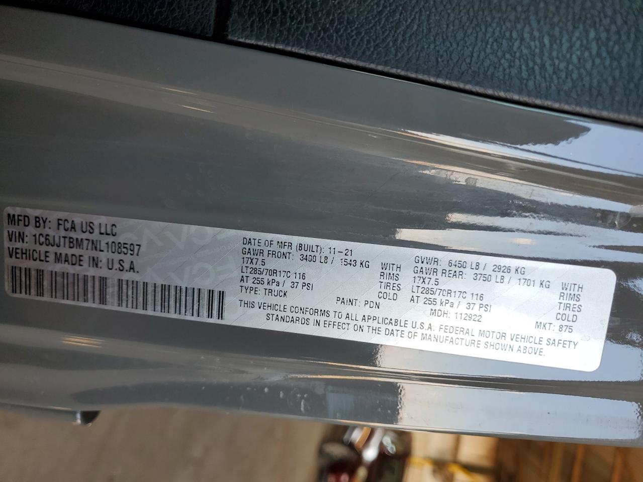 2022 Jeep Gladiator Rubicon VIN: 1C6JJTBM7NL108597 Lot: 67659475