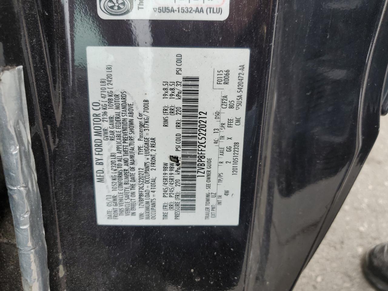 2012 Ford Mustang Gt VIN: 1ZVBP8FF2C5220212 Lot: 69783245