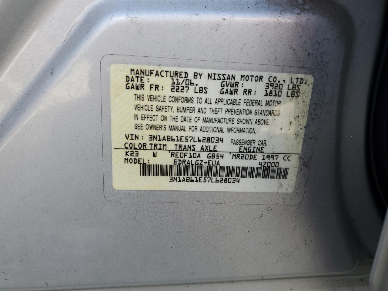 2007 Nissan Sentra 2.0 VIN: 3N1AB61E57L628034 Lot: 68749135