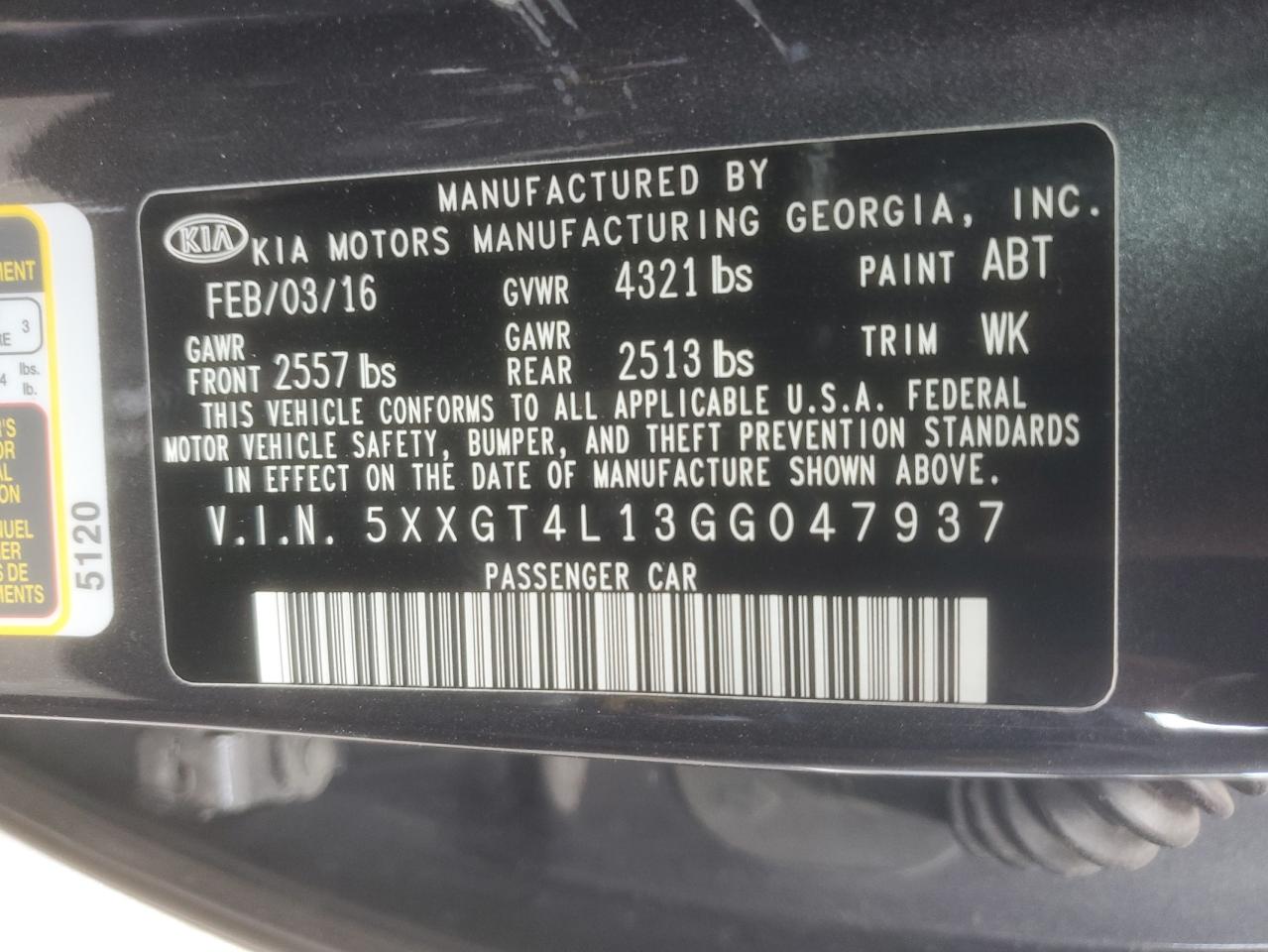 2016 Kia Optima Lx VIN: 5XXGT4L13GG047937 Lot: 70301535