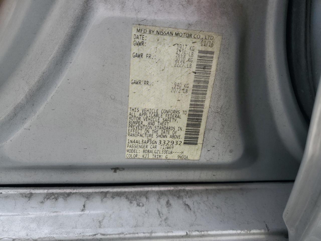 2016 Nissan Altima 2.5 VIN: 1N4AL3AP3GN332932 Lot: 69309225