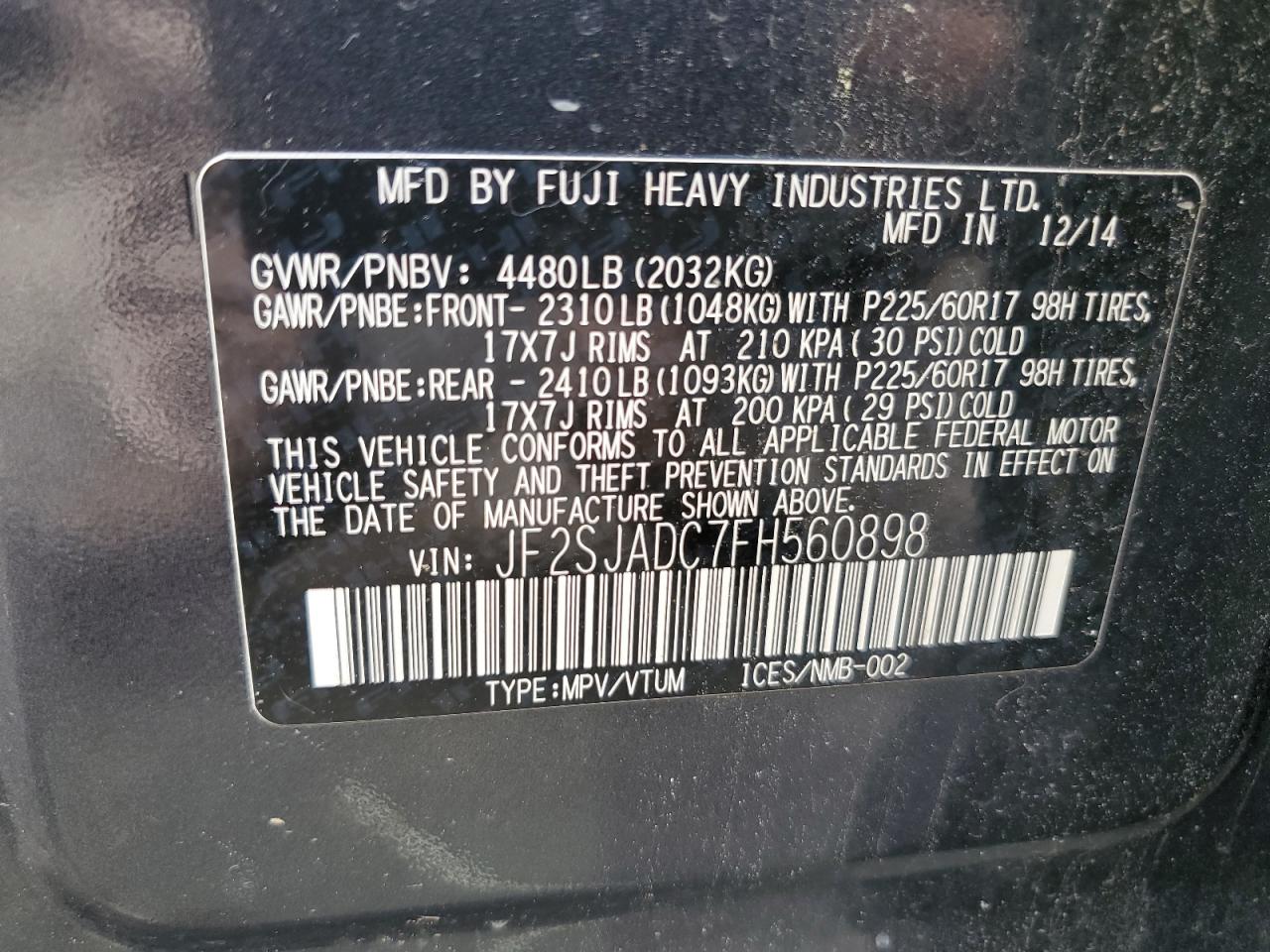 2015 Subaru Forester 2.5I Premium VIN: JF2SJADC7FH560898 Lot: 67096245