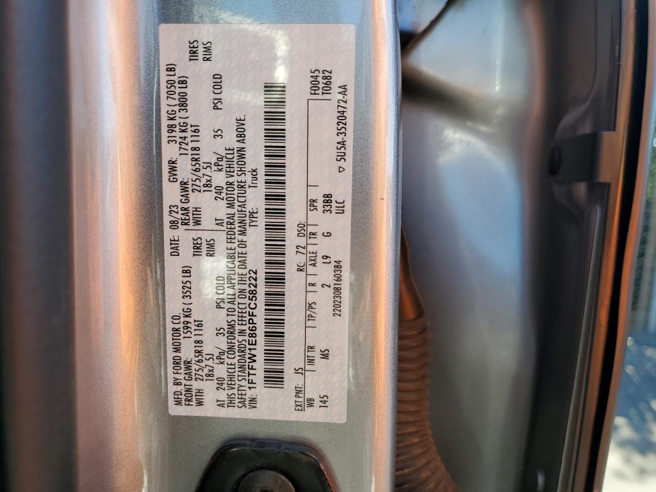 2023 Ford F150 Supercrew VIN: 1FTFW1E86PFC58222 Lot: 69155565