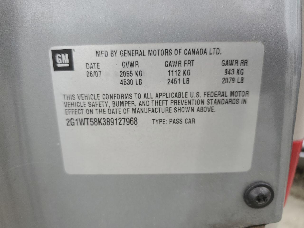 2008 Chevrolet Impala Lt VIN: 2G1WT58K389127968 Lot: 70000195