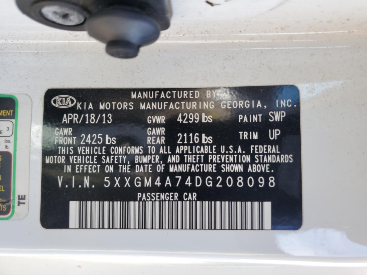 2013 Kia Optima Lx VIN: 5XXGM4A74DG208098 Lot: 70736665