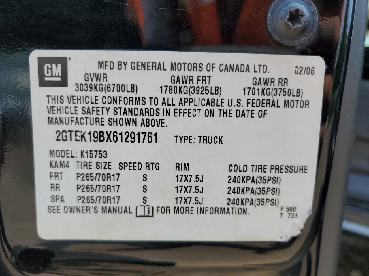 2006 GMC New Sierra K1500 VIN: 2GTEK19BX61291761 Lot: 69066545