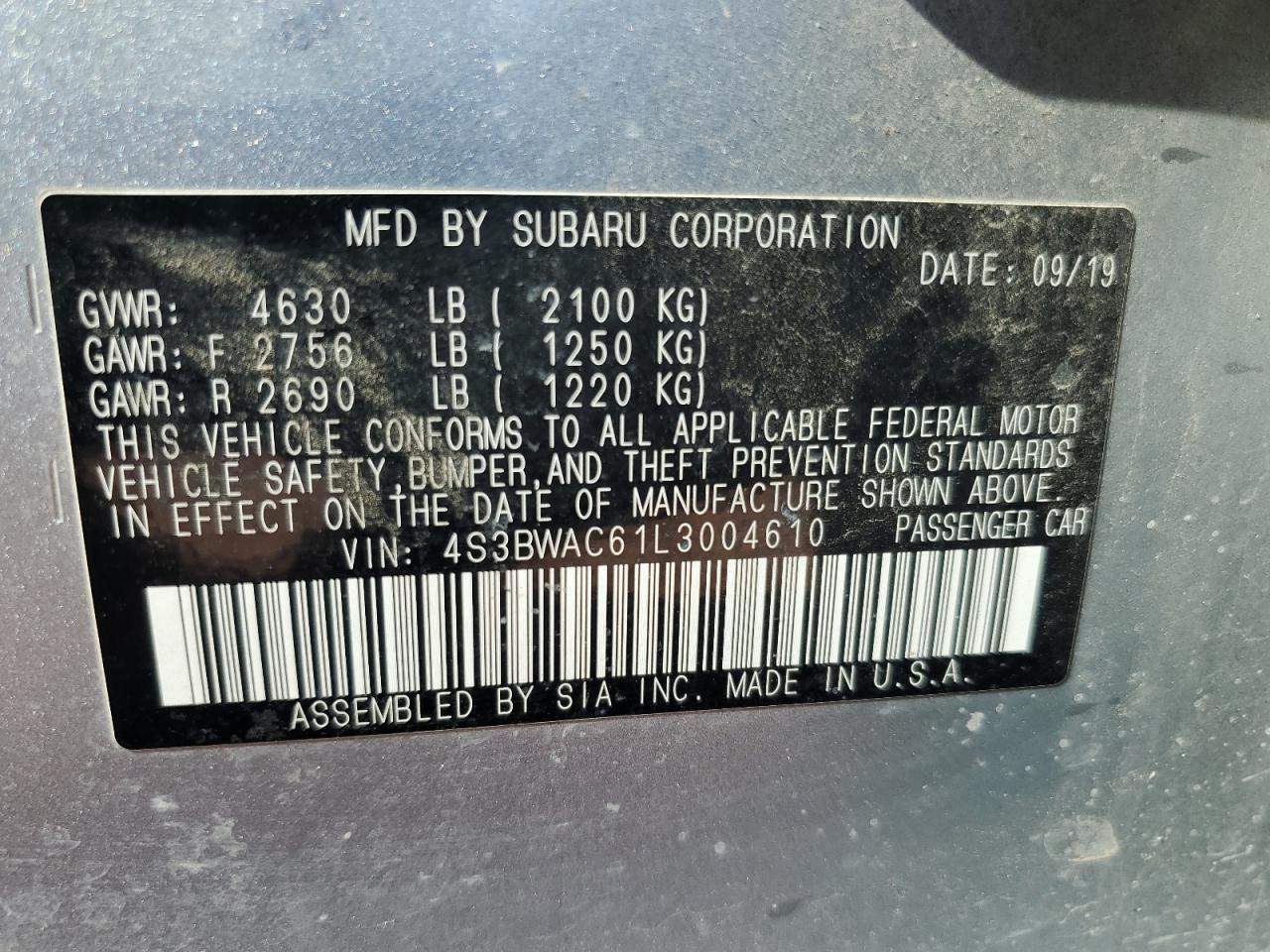 2020 Subaru Legacy Premium VIN: 4S3BWAC61L3004610 Lot: 68295795
