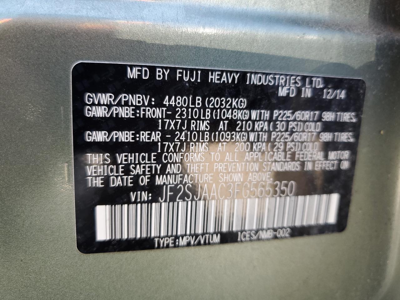 2015 Subaru Forester 2.5I VIN: JF2SJAAC3FG565350 Lot: 68301595