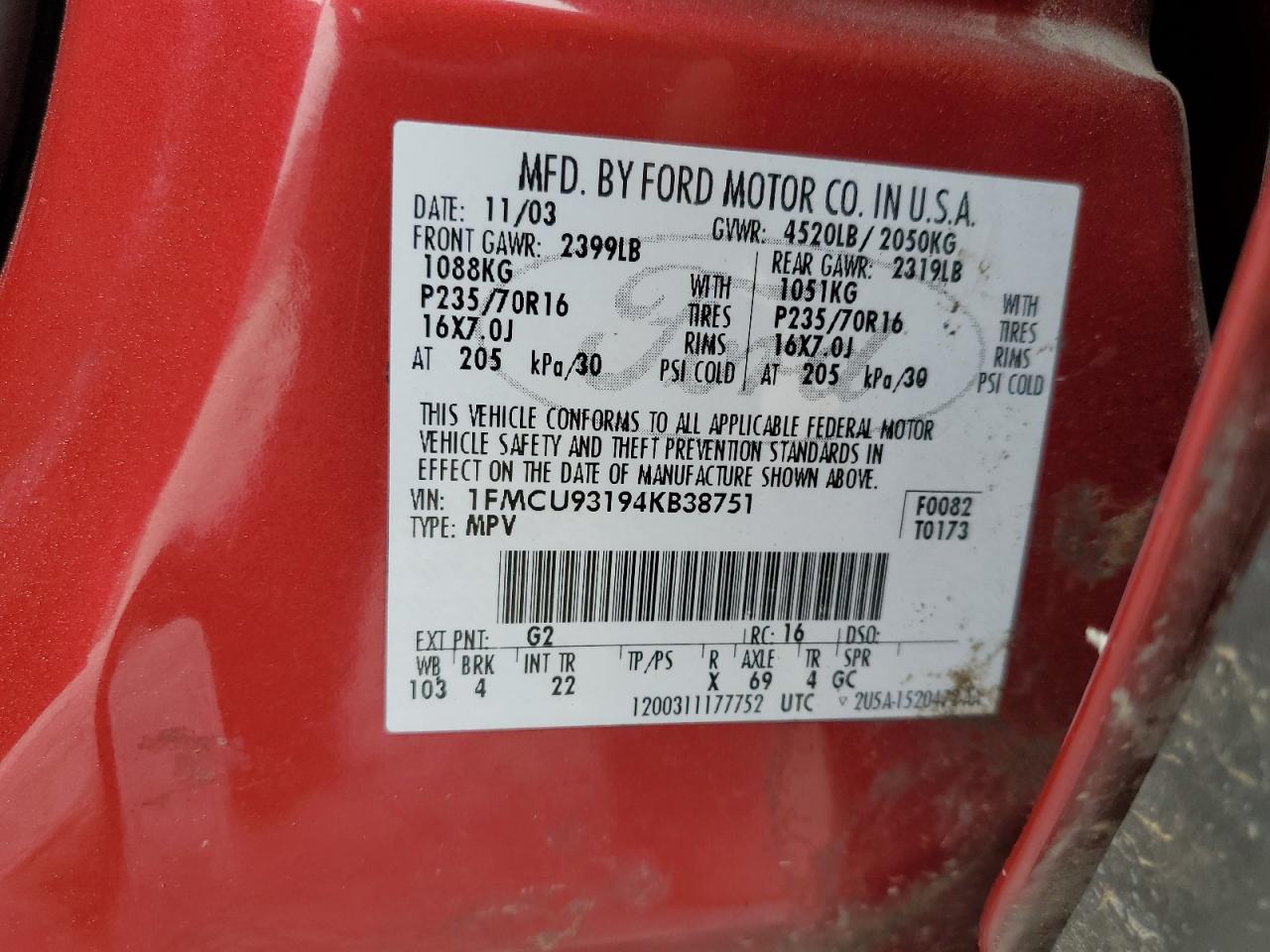 2004 Ford Escape Xlt VIN: 1FMCU93194KB38751 Lot: 69278605