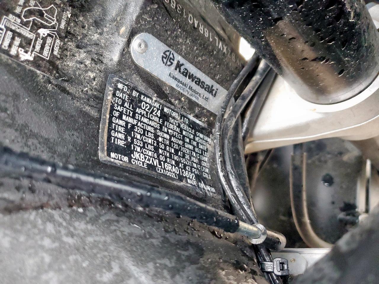 2024 Kawasaki Zx1002 L VIN: JKBZXVL16RA013692 Lot: 68029115