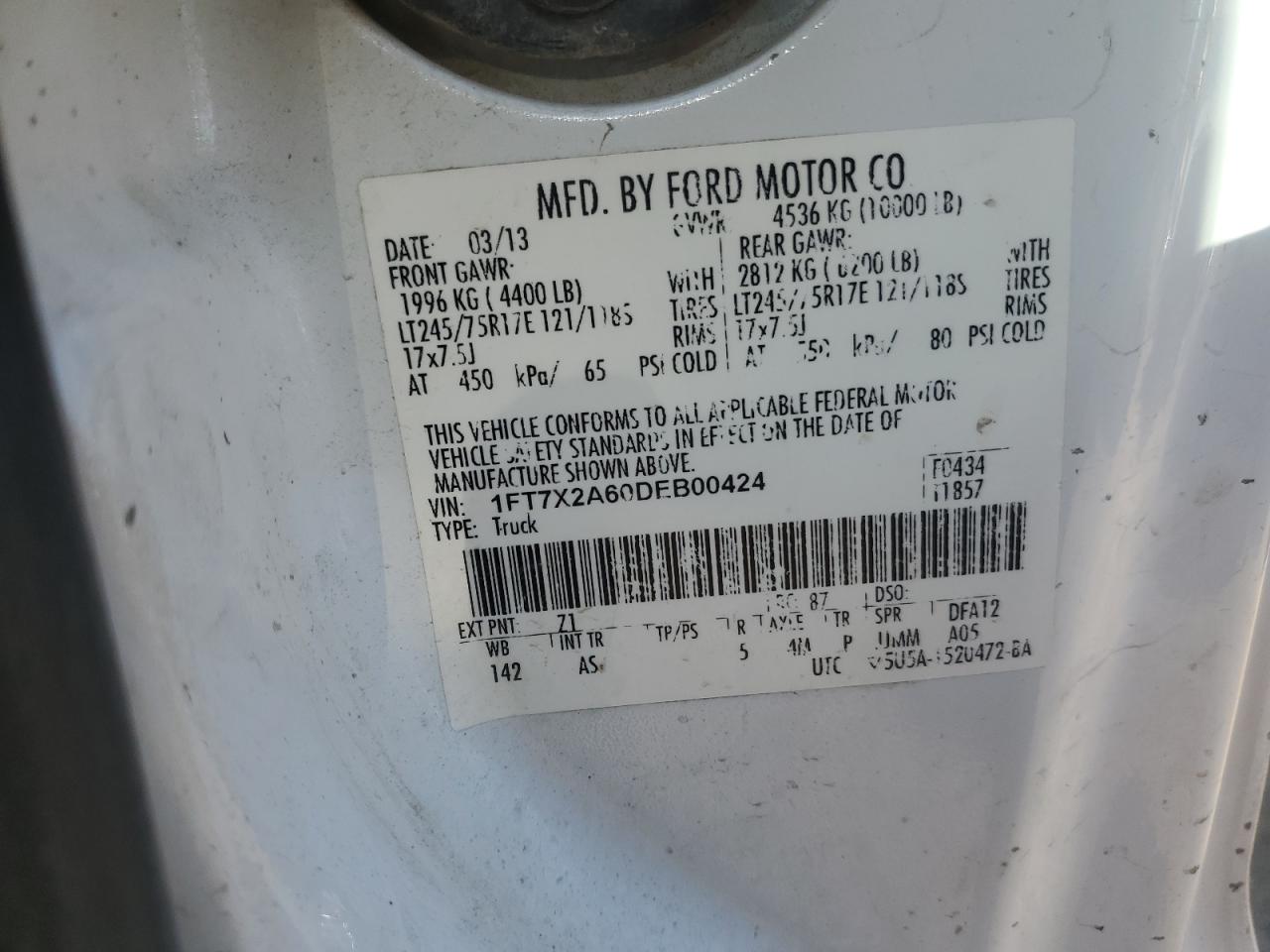 2013 Ford F-250 2013 Ford F-250 4X2 Extended Cab Pickup (Inoperable) VIN: 1FT7X2A60DEB00424 Lot: 14155037