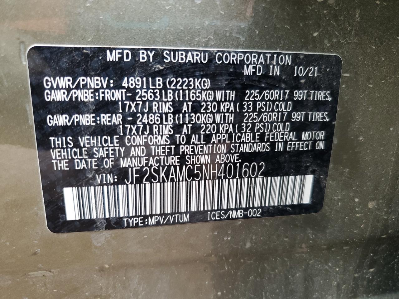 2022 Subaru Forester Wilderness VIN: JF2SKAMC5NH401602 Lot: 70041835