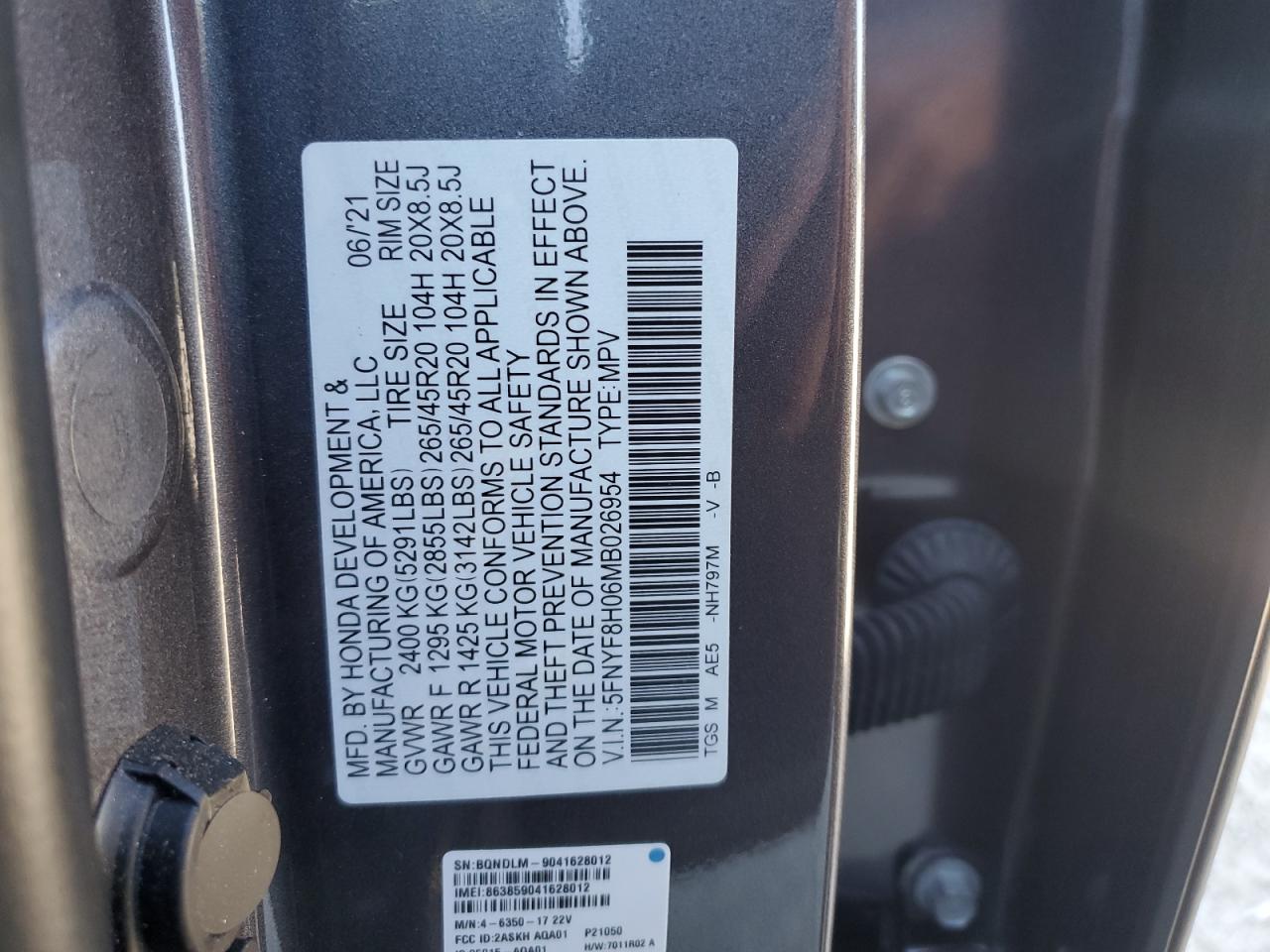 2021 Honda Passport Elite VIN: 5FNYF8H06MB026954 Lot: 70151485