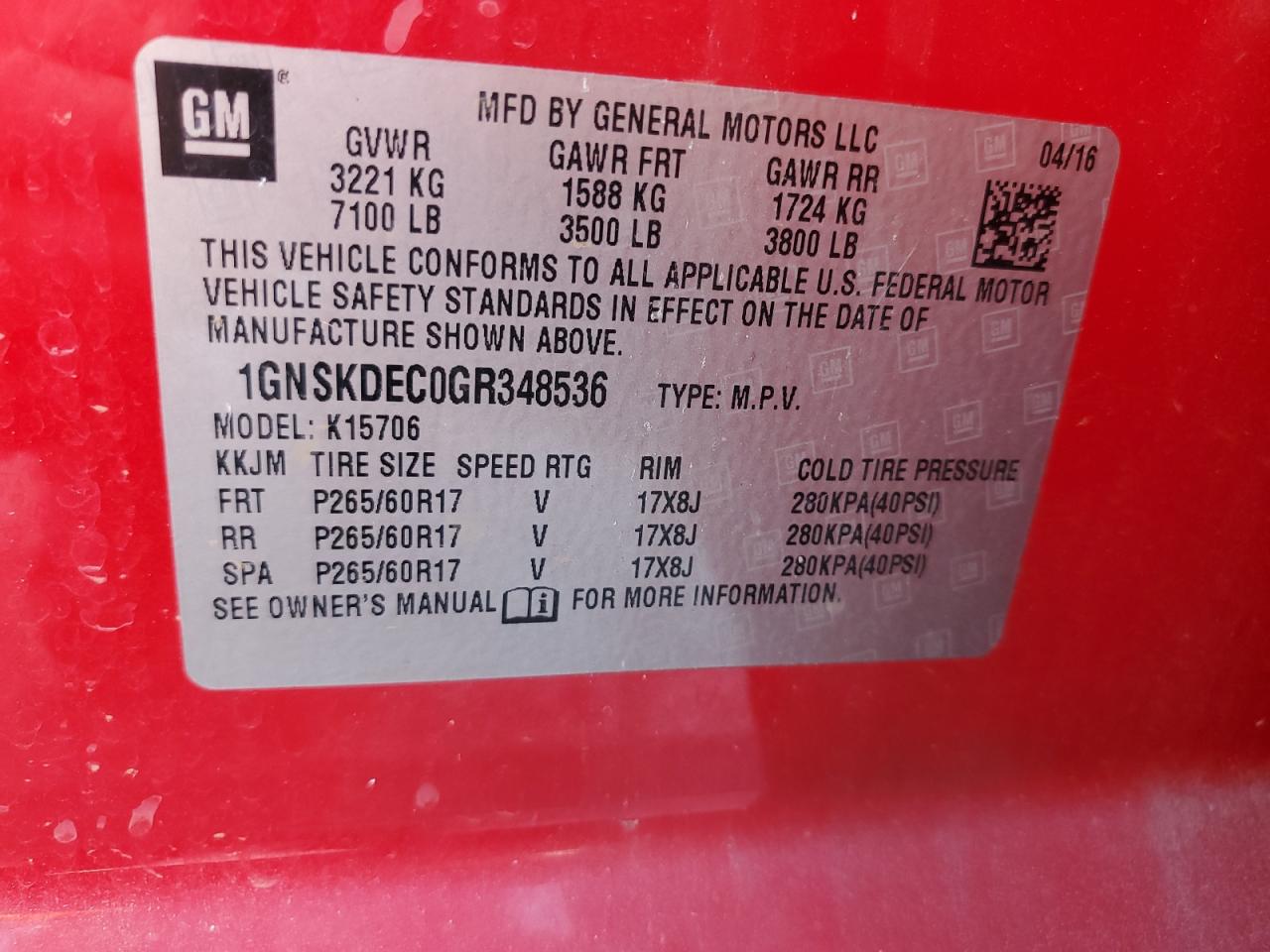 2016 Chevrolet Tahoe Police VIN: 1GNSKDEC0GR348536 Lot: 67972955