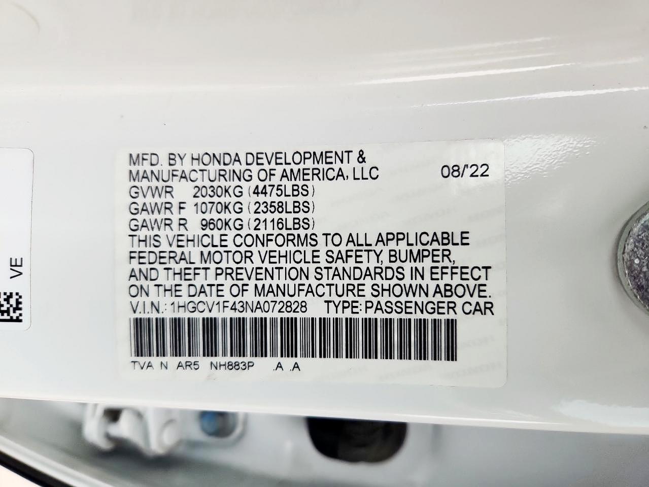 2022 Honda Accord Sport Se VIN: 1HGCV1F43NA072828 Lot: 71096355