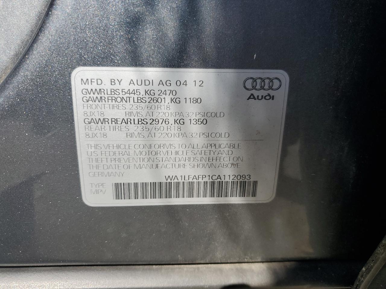 2012 Audi Q5 Premium Plus VIN: WA1LFAFP1CA112093 Lot: 67175225