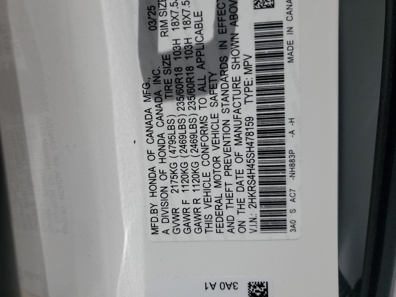 2025 Honda Cr-V Ex VIN: 2HKRS4H45SH478159 Lot: 68110245