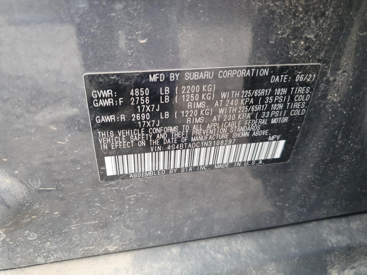 2022 Subaru Outback Premium VIN: 4S4BTADC1N3108297 Lot: 69627355