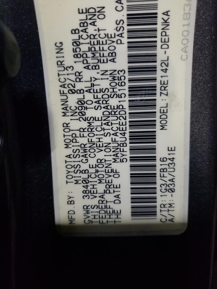 2013 Toyota Corolla Base VIN: 5YFBU4EE2DP151653 Lot: 70430775