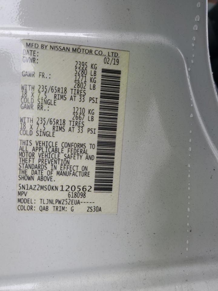 2019 Nissan Murano S VIN: 5N1AZ2MS0KN120562 Lot: 69269645