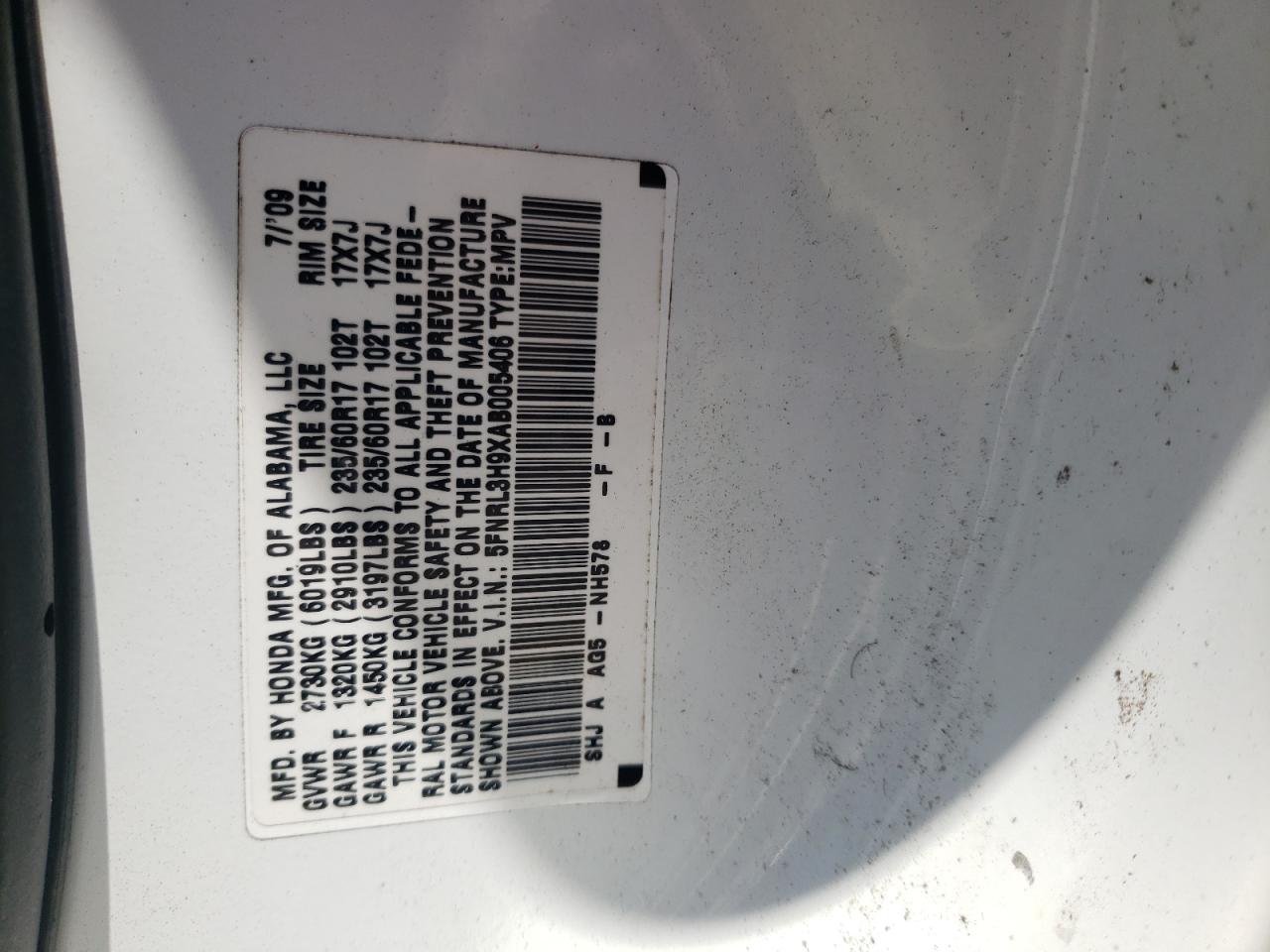 2010 Honda Odyssey Touring VIN: 5FNRL3H9XAB005406 Lot: 84908425