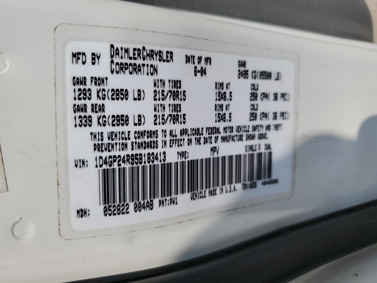 2005 Dodge Grand Caravan Se VIN: 1D4GP24R95B183413 Lot: 69291525