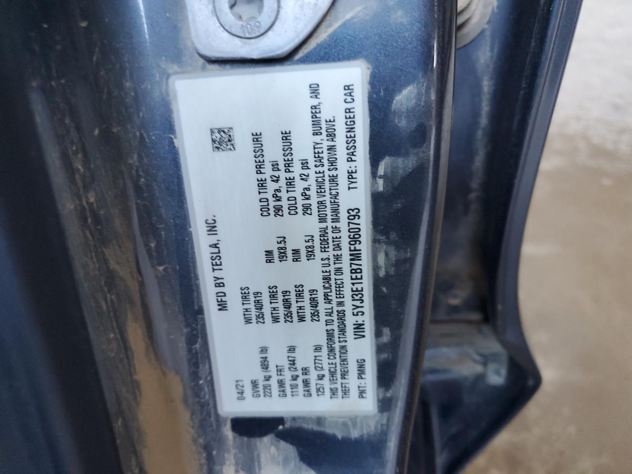 2021 Tesla Model 3 VIN: 5YJ3E1EB7MF960793 Lot: 70013075