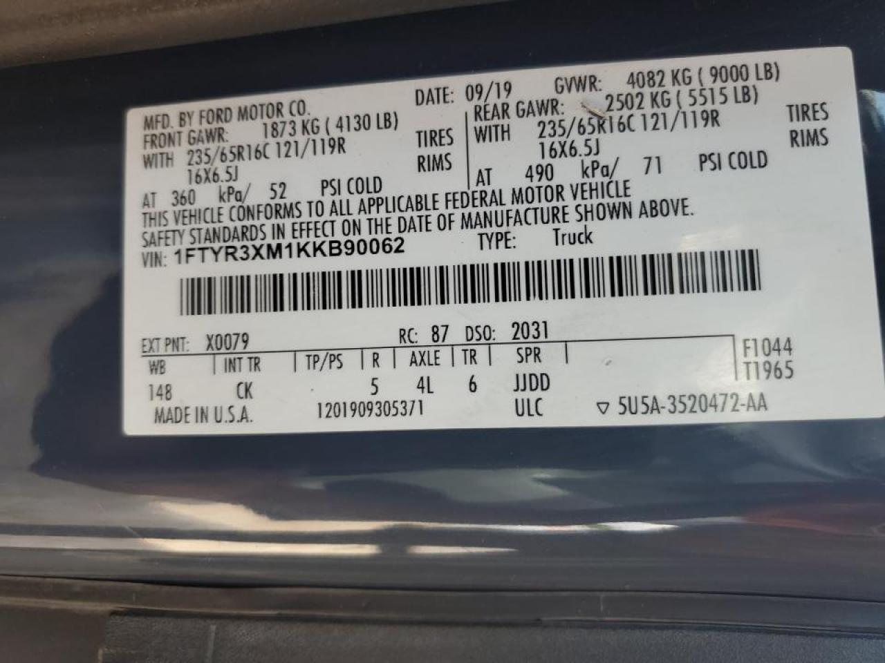 2019 Ford Transit T-250 VIN: 1FTYR3XM1KKB90062 Lot: 68172445