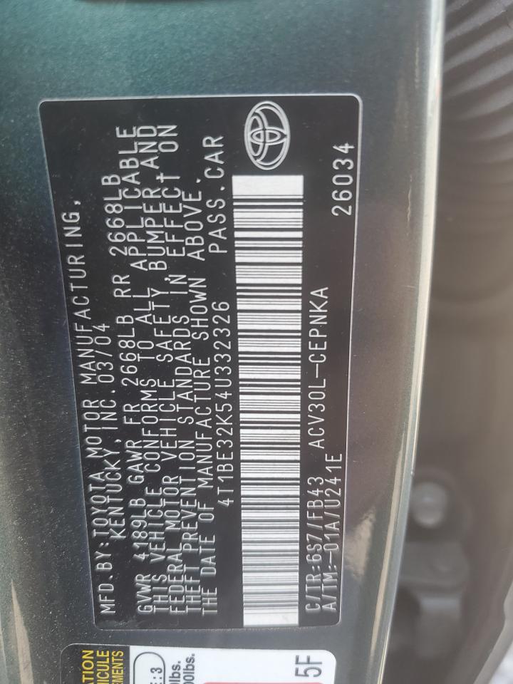 2004 Toyota Camry Le VIN: 4T1BE32K54U332326 Lot: 70751765