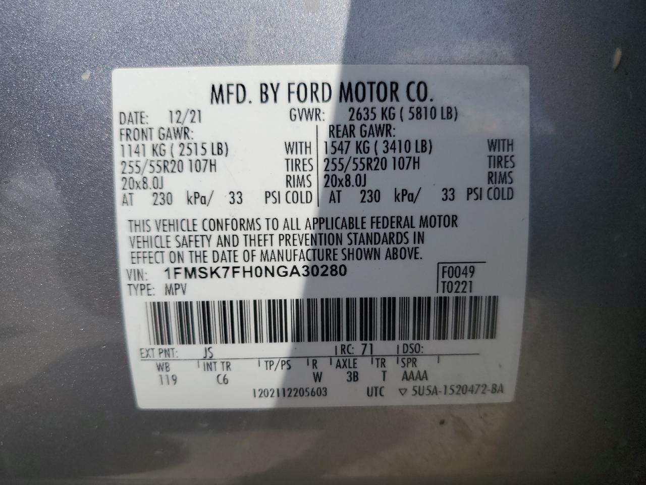 2022 Ford Explorer Limited VIN: 1FMSK7FH0NGA30280 Lot: 70485755