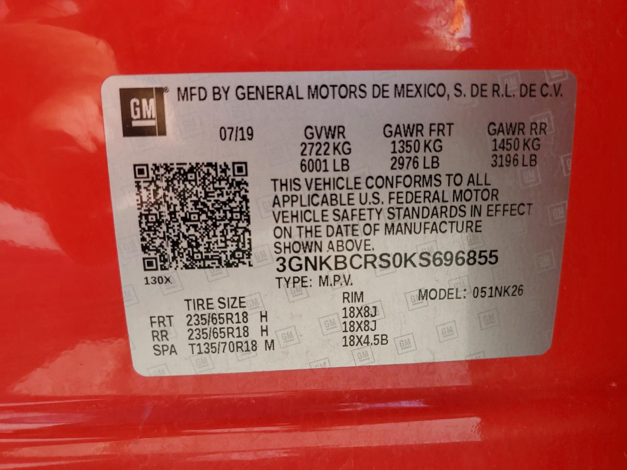 2019 Chevrolet Blazer 2Lt VIN: 3GNKBCRS0KS696855 Lot: 69719455