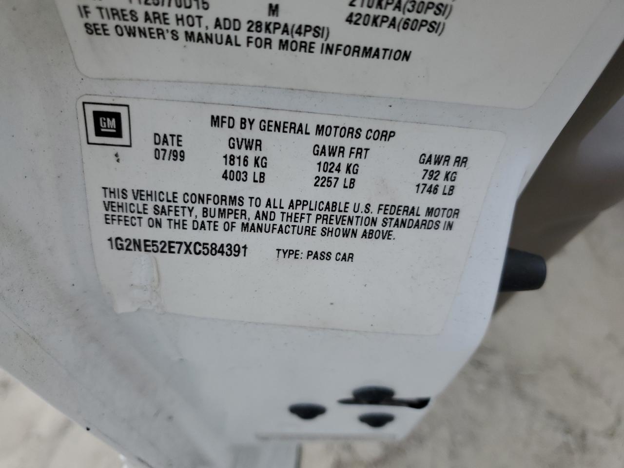 1999 Pontiac Grand Am Se VIN: 1G2NE52E7XC584391 Lot: 68005145