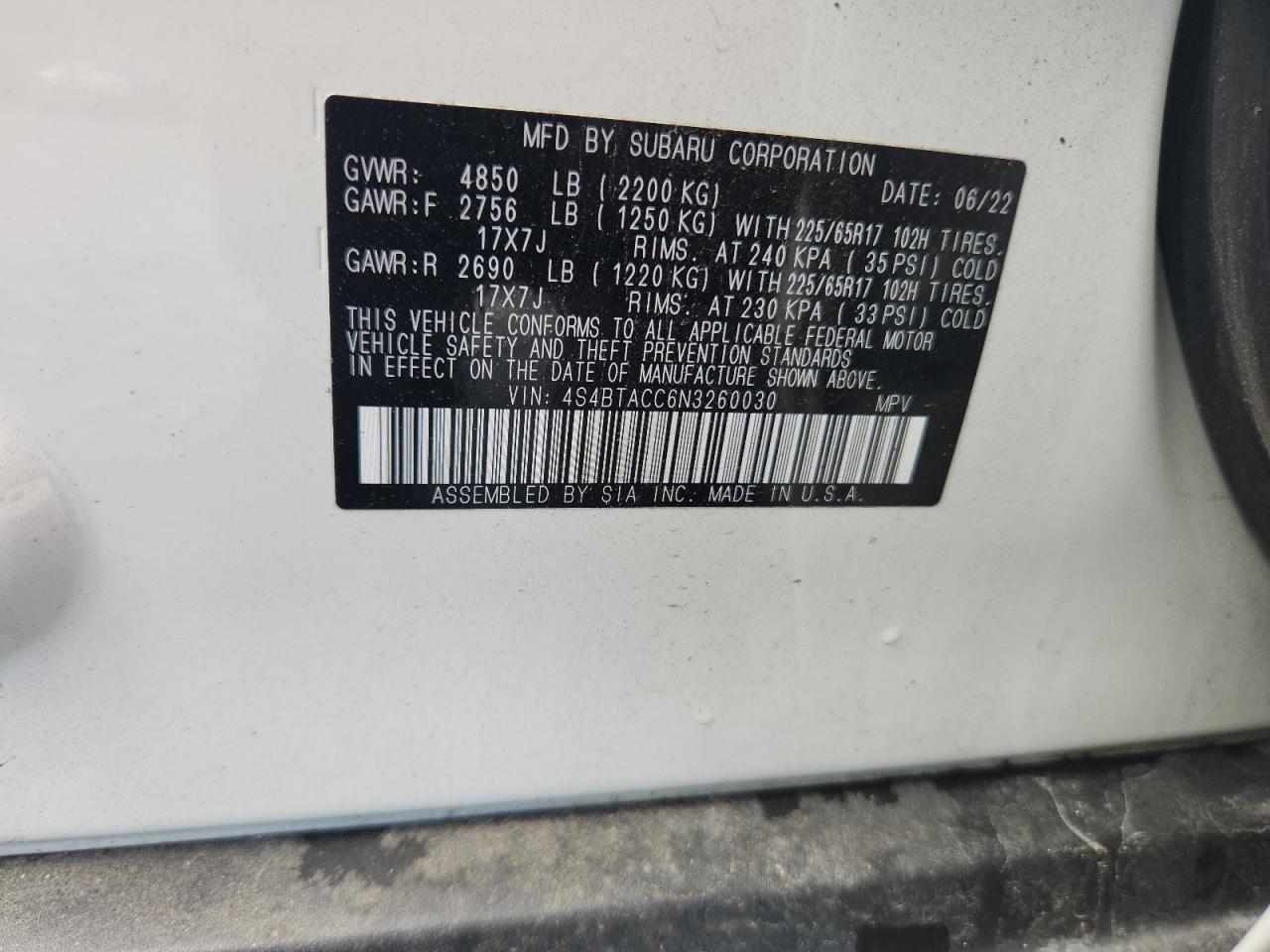 2022 Subaru Outback Premium VIN: 4S4BTACC6N3260030 Lot: 68849255