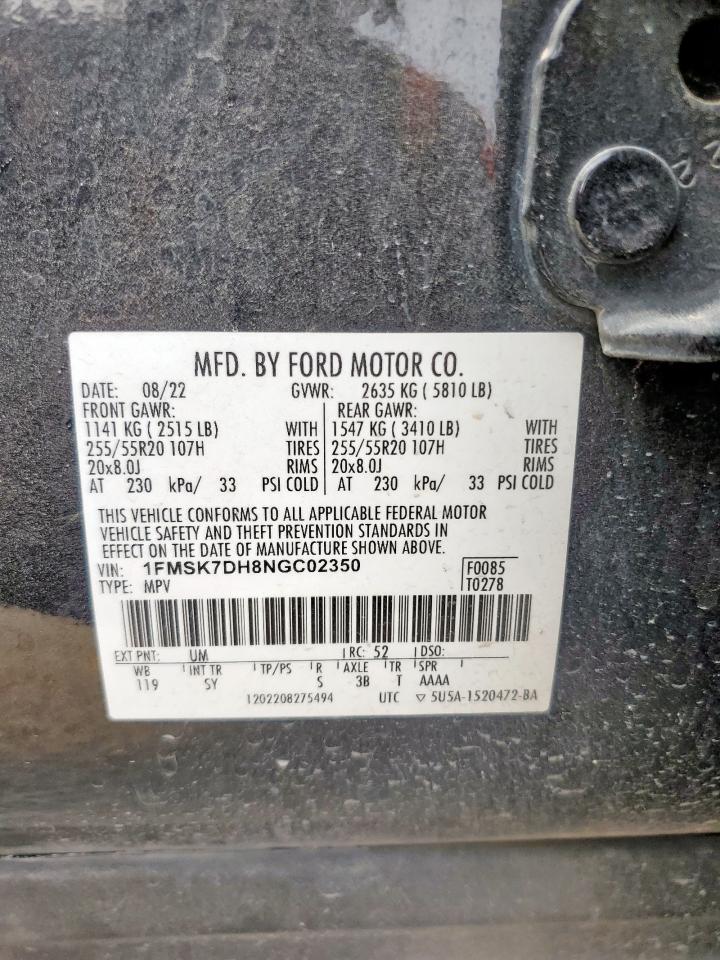 2022 Ford Explorer Xlt VIN: 1FMSK7DH8NGC02350 Lot: 67293755