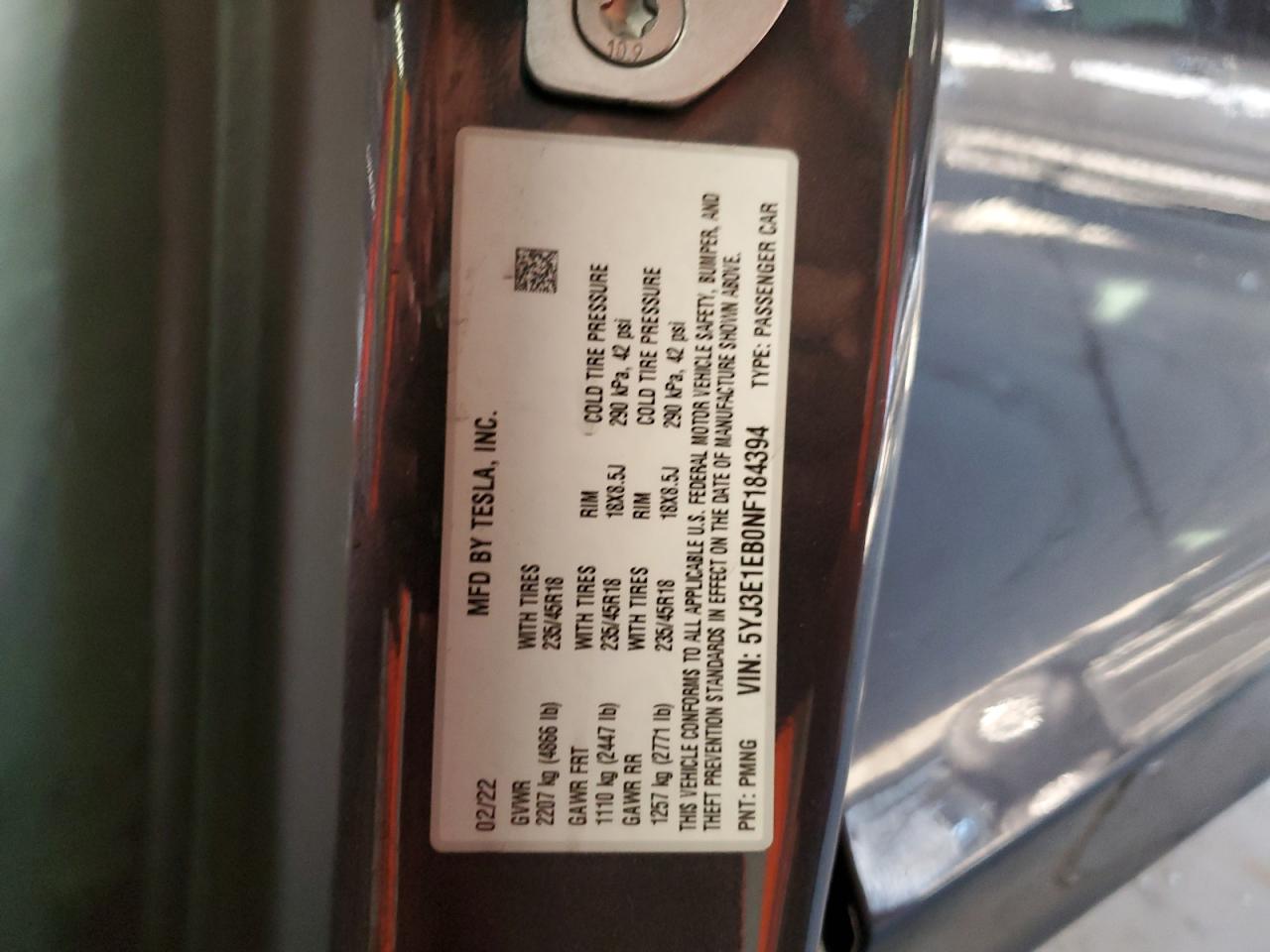 2022 Tesla Model 3 VIN: 5YJ3E1EB0NF184394 Lot: 69582325