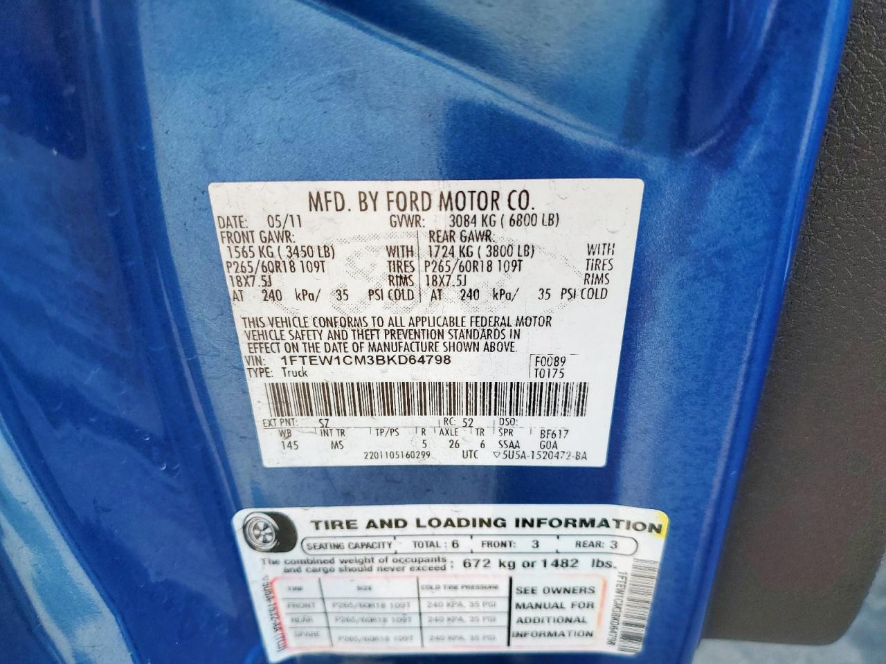 2011 Ford F150 Supercrew VIN: 1FTEW1CM3BKD64798 Lot: 66953645