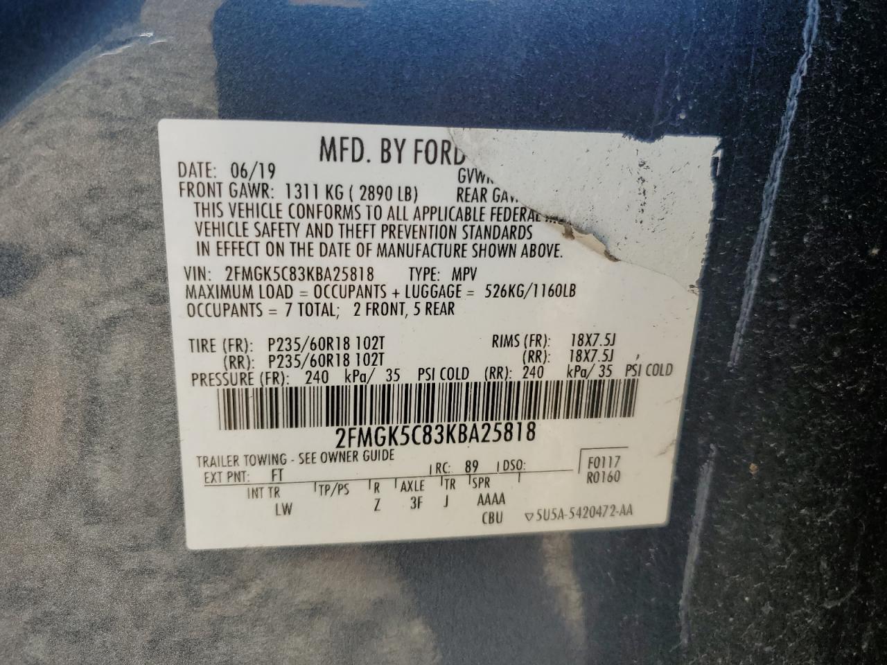 2019 Ford Flex Sel VIN: 2FMGK5C83KBA25818 Lot: 70108955