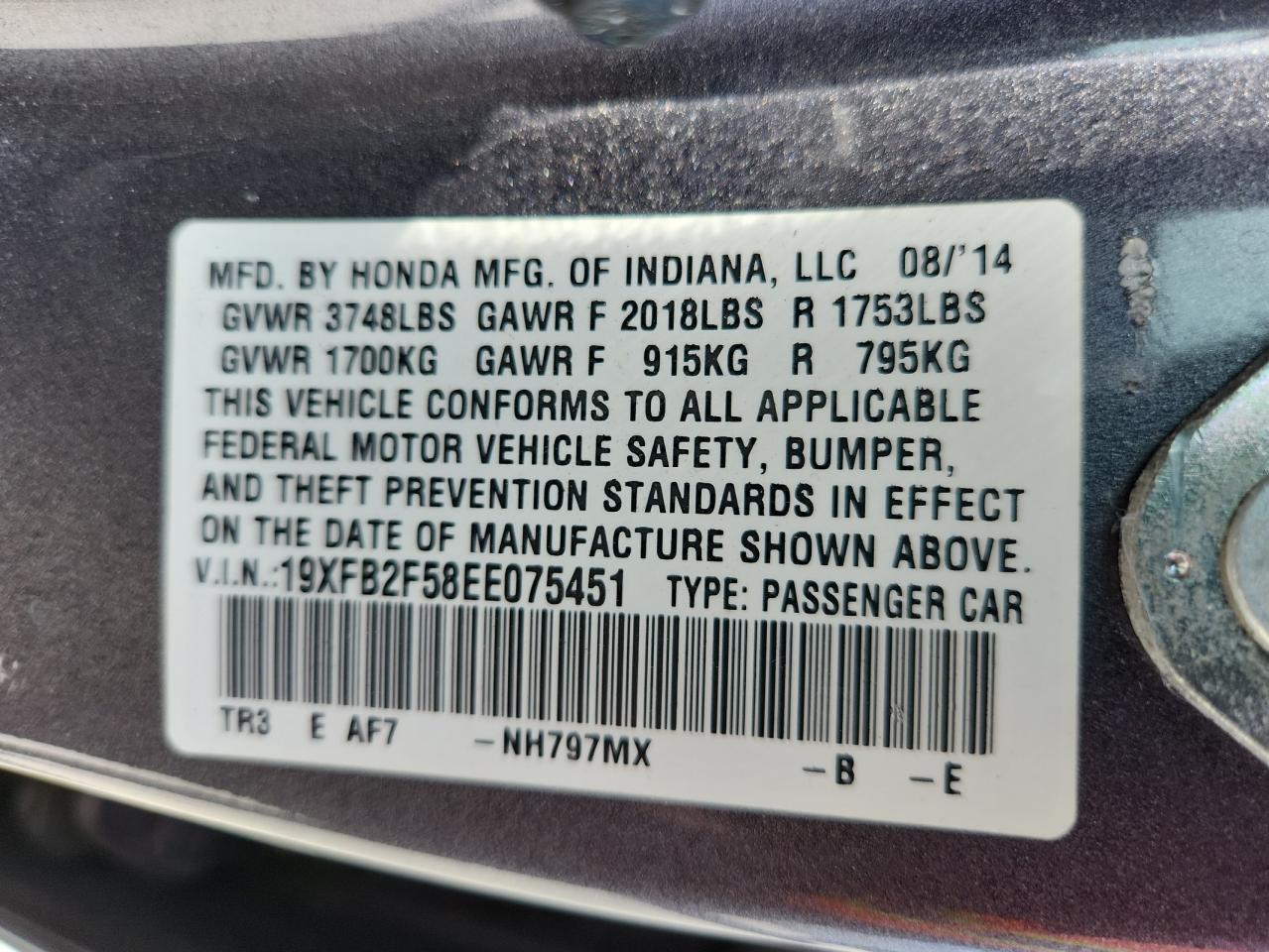 2014 Honda Civic Lx VIN: 19XFB2F58EE075451 Lot: 69222715